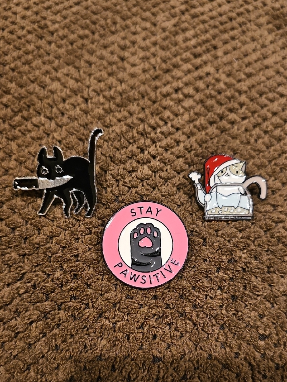 Enamel Cat Lovers Pin Bundle - Black Cat, Stay Pawsitive Pink Pin & Holiday Cat